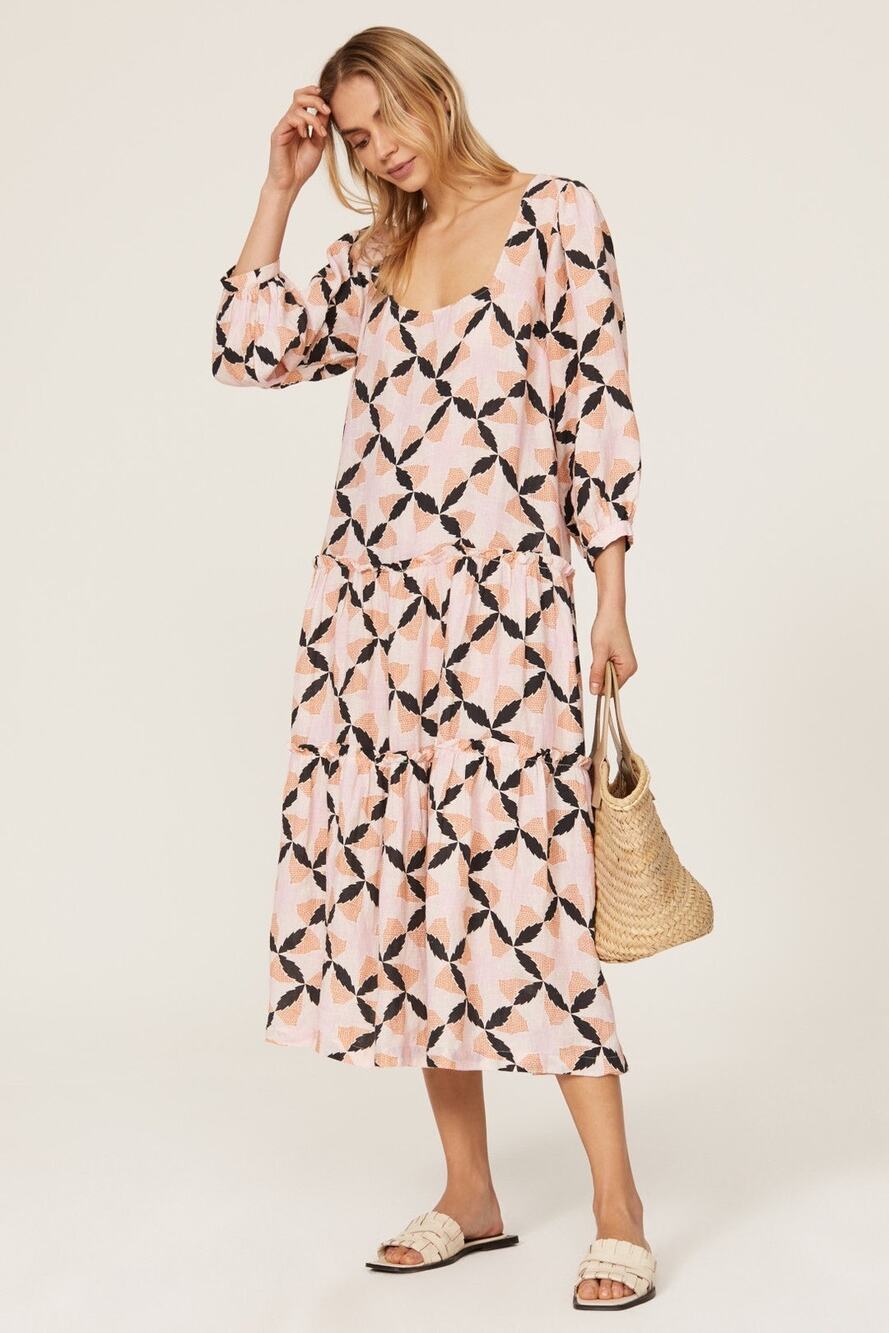 The Odells Lyla Petal Geo Print Square Neck Tiered Linen Midi Dress Size S